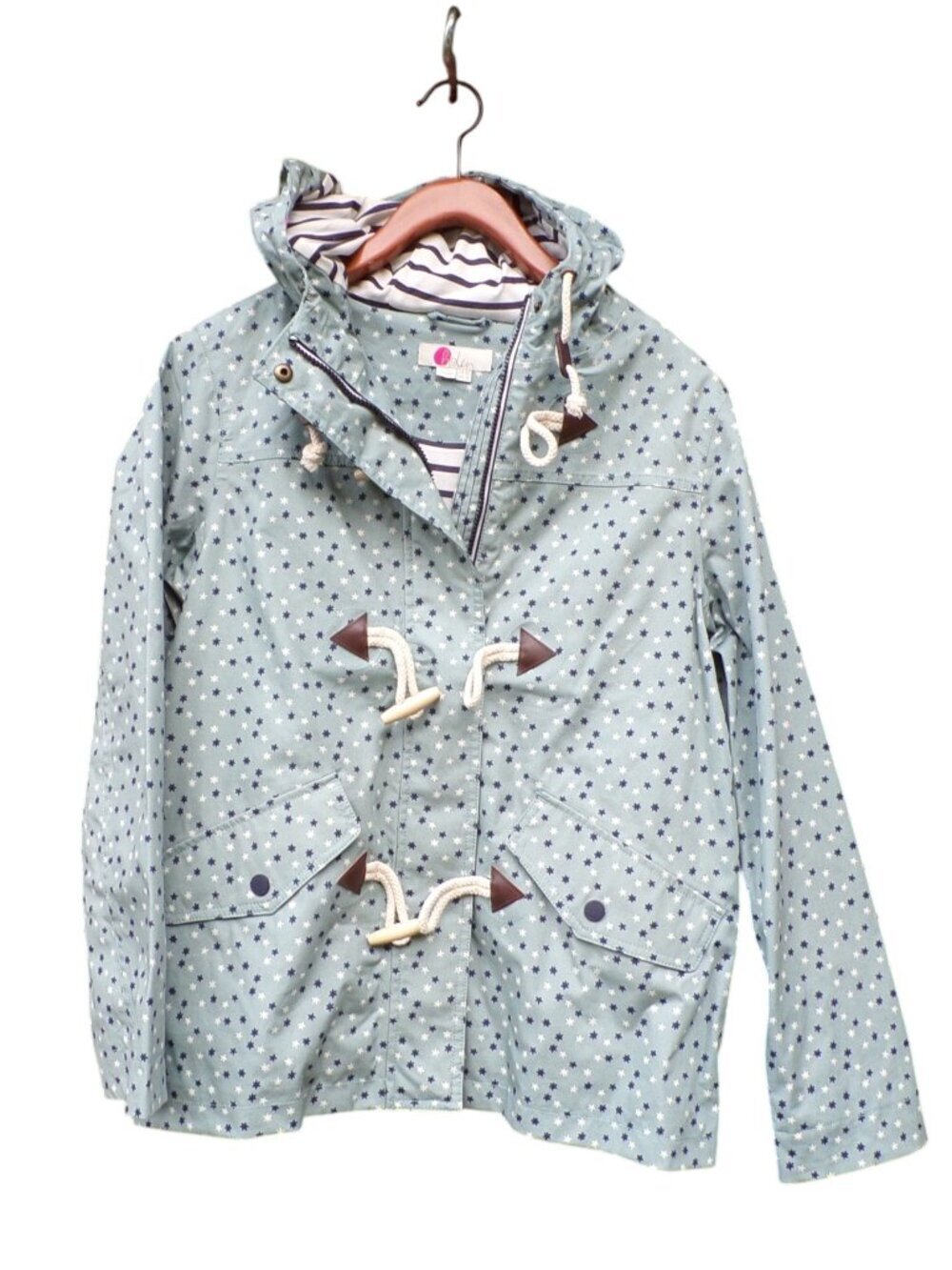 Boden Hooded Dufffle Coat Women's 6 Blue Star Print Zip and Toggle Cotton